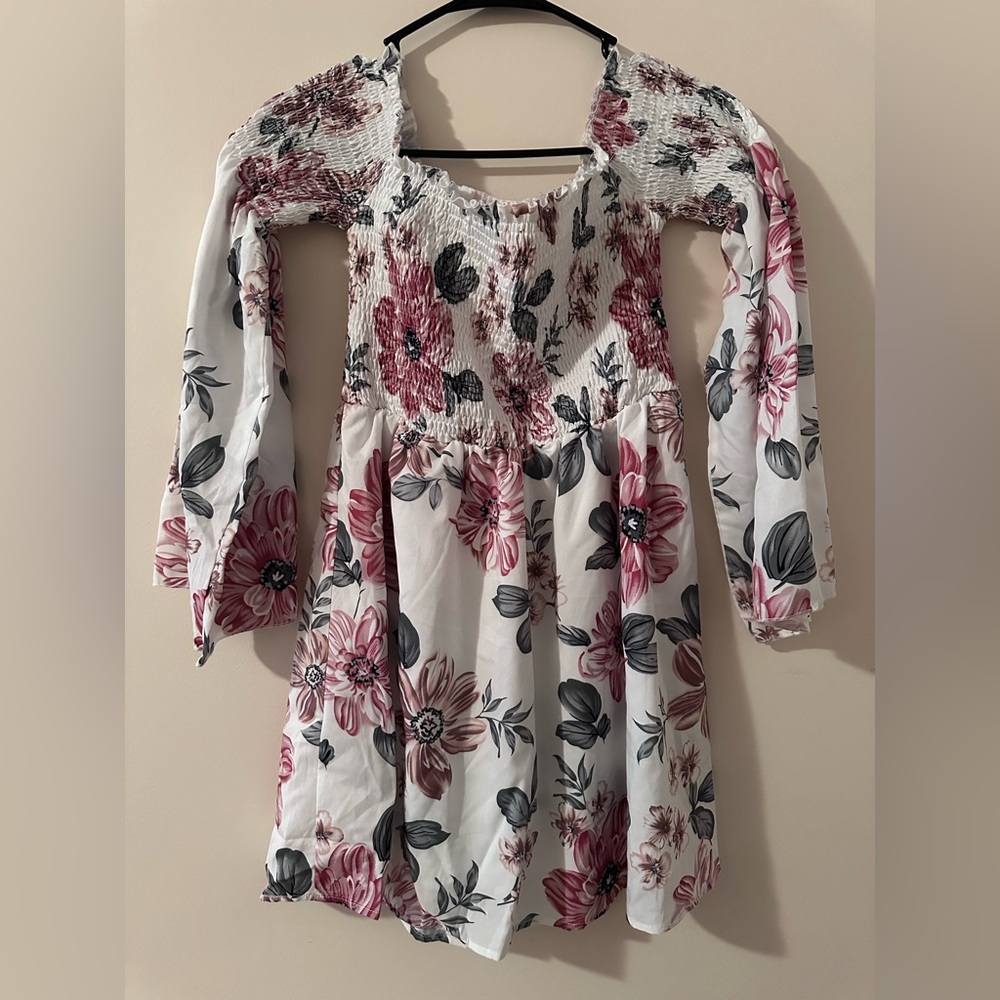 SHEIN White Floral Smocked Dress with Pink and Gray Flowers